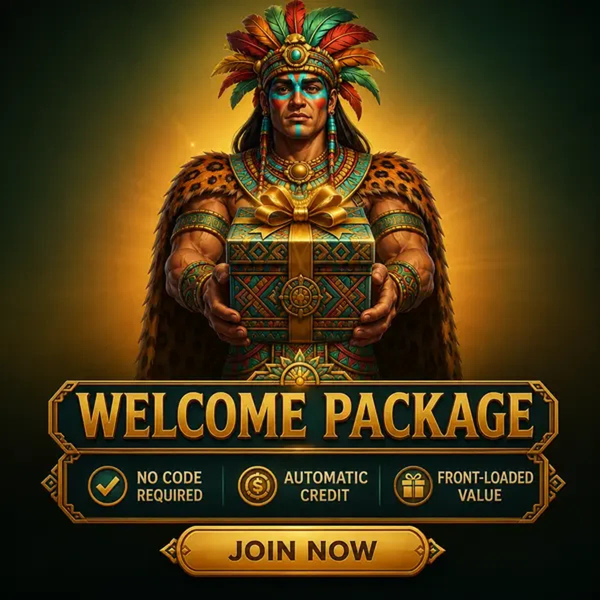 Der Jaguar-Wächter präsentiert neuen Spielern, die sich dem Casino-Abenteuer anschließen, eine verzierte Geschenkbox